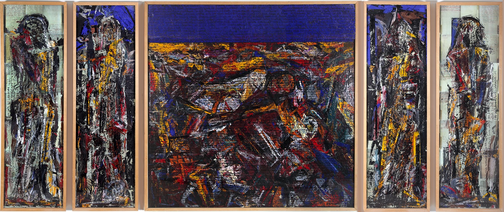 Valentin Oman: Zweisprachiges Kärnten, Triptychon zum Kriegstagebuch meines Vaters, 1995, Foto: Gisela Erlacher Kunst auf dem Campus, Valentin Oman: Zweisprachiges Kärnten, Triptychon zum Kriegstagebuch meines Vaters, 1995